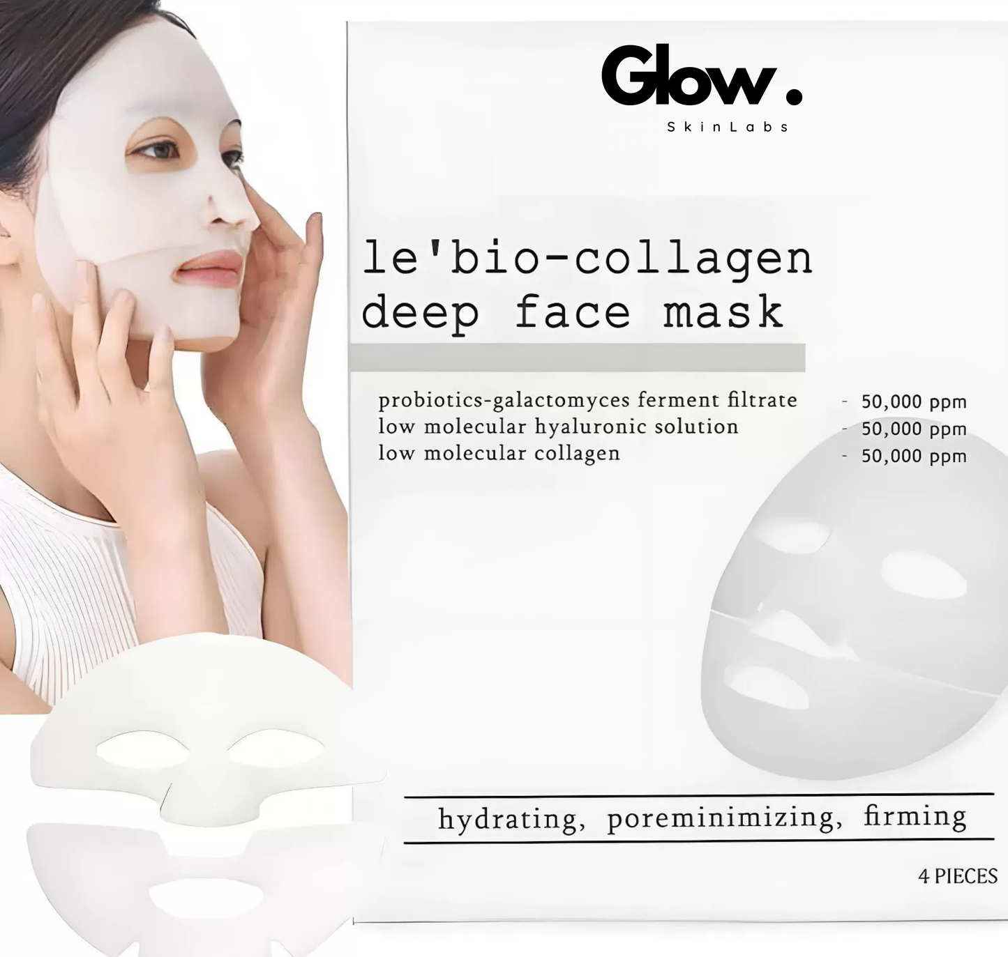 Productfoto an het product in de verpakking en in de achterrond een vrouw die het masker op heeft.
